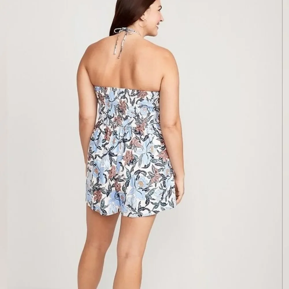 Old Navy Blue Floral Linen Blend O-Ring Halter Romper Size Medium